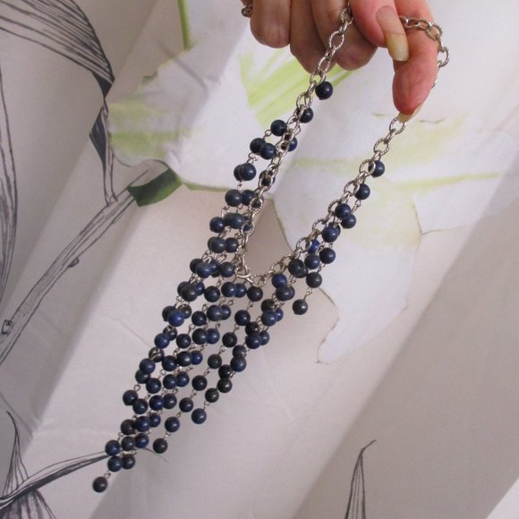 Etruscan Style Midnight Blue Silver Fringe Necklace Earrings Set Vintage - Picture 13 of 13